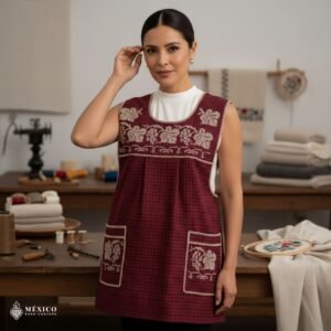 Red traditional Mexican cross-stitch embroidered smock apron with deluxe artisan craftsmanship