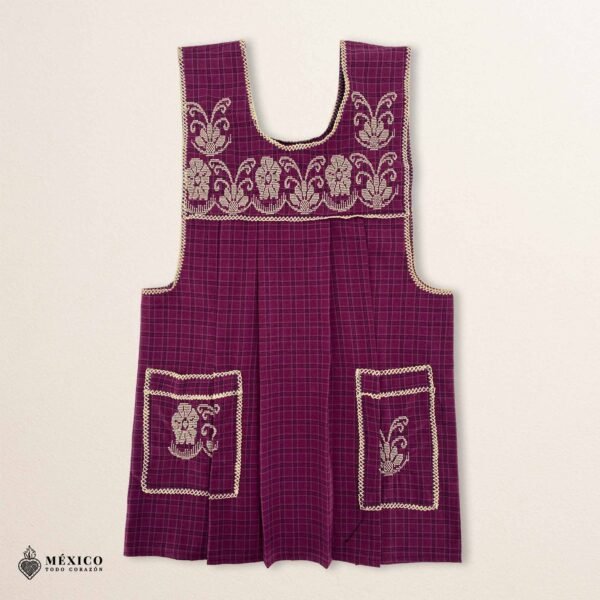 Pink traditional Mexican cross-stitch embroidered smock apron with deluxe artisan craftsmanship