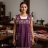 Pink traditional Mexican cross-stitch embroidered smock apron with deluxe artisan craftsmanship