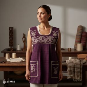 Pink traditional Mexican cross-stitch embroidered smock apron with deluxe artisan craftsmanship