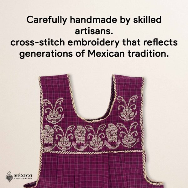 Pink traditional Mexican cross-stitch embroidered smock apron with deluxe artisan craftsmanship