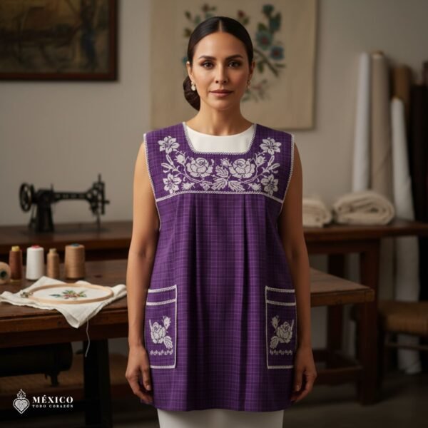 Pink traditional Mexican cross-stitch embroidered smock apron with deluxe artisan craftsmanship