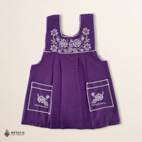 Pink traditional Mexican cross-stitch embroidered smock apron with deluxe artisan craftsmanship