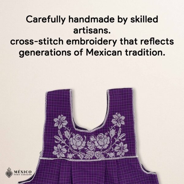 Pink traditional Mexican cross-stitch embroidered smock apron with deluxe artisan craftsmanship