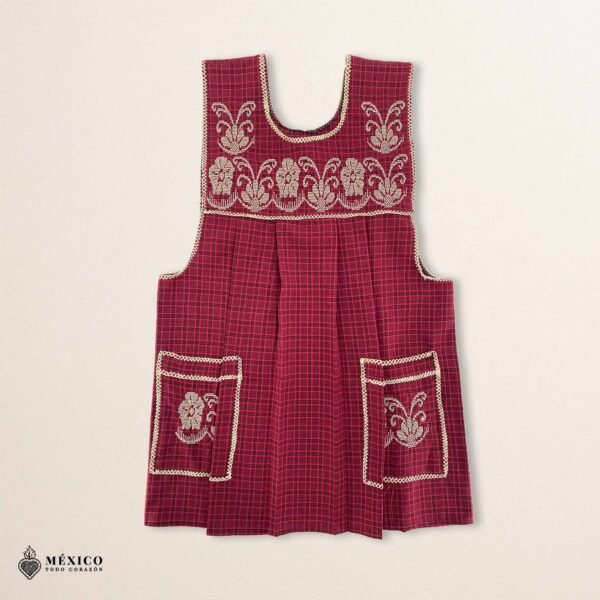 Red traditional Mexican cross-stitch embroidered smock apron with deluxe artisan craftsmanship