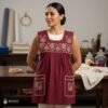 Red traditional Mexican cross-stitch embroidered smock apron with deluxe artisan craftsmanship