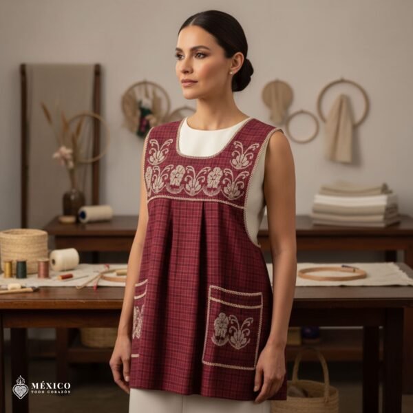 Red traditional Mexican cross-stitch embroidered smock apron with deluxe artisan craftsmanship