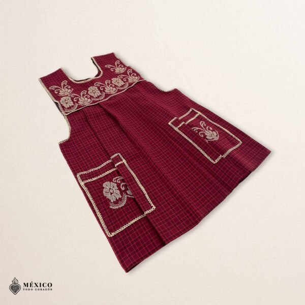 Red traditional Mexican cross-stitch embroidered smock apron with deluxe artisan craftsmanship