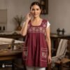 Red traditional Mexican cross-stitch embroidered smock apron with deluxe artisan craftsmanship