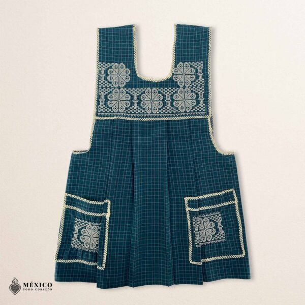 Green traditional Mexican cross-stitch embroidered smock apron with deluxe artisan craftsmanship