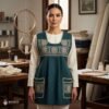 Green traditional Mexican cross-stitch embroidered smock apron with deluxe artisan craftsmanship