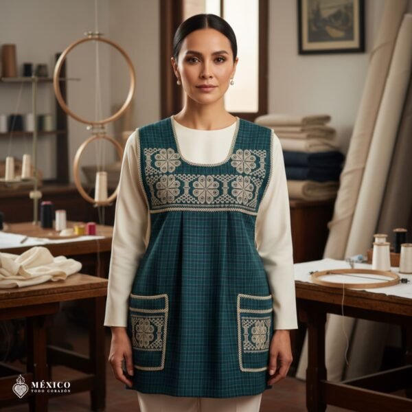 Green traditional Mexican cross-stitch embroidered smock apron with deluxe artisan craftsmanship