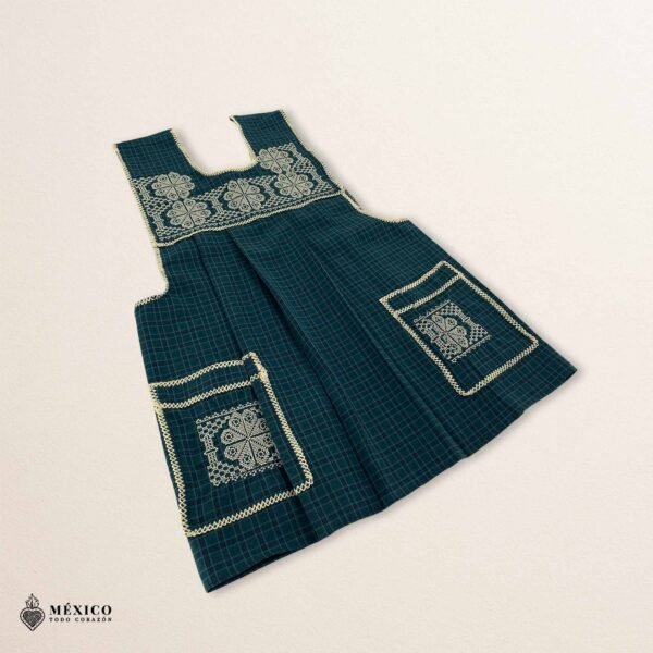 Green traditional Mexican cross-stitch embroidered smock apron with deluxe artisan craftsmanship