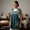 Green traditional Mexican cross-stitch embroidered smock apron with deluxe artisan craftsmanship