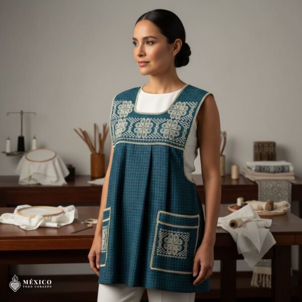 Green traditional Mexican cross-stitch embroidered smock apron with deluxe artisan craftsmanship