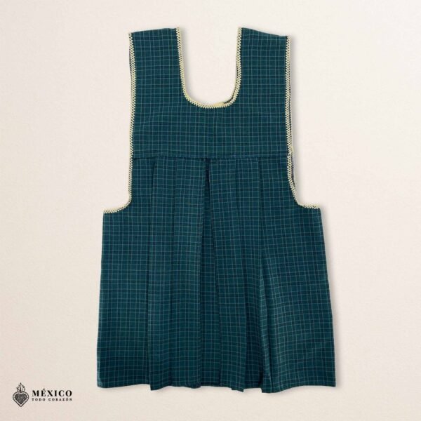 Green traditional Mexican cross-stitch embroidered smock apron with deluxe artisan craftsmanship