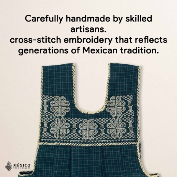 Green traditional Mexican cross-stitch embroidered smock apron with deluxe artisan craftsmanship