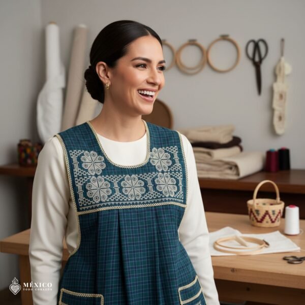Green traditional Mexican cross-stitch embroidered smock apron with deluxe artisan craftsmanship