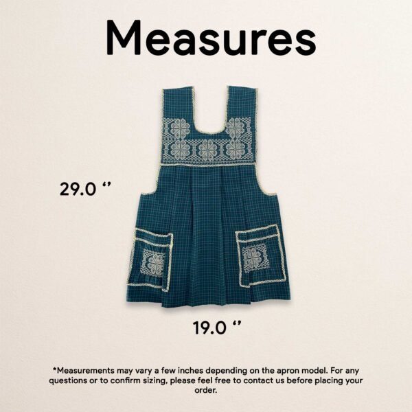Green traditional Mexican cross-stitch embroidered smock apron with deluxe artisan craftsmanship