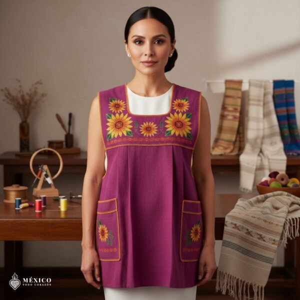 Pink traditional Mexican cross-stitch embroidered smock apron with deluxe artisan craftsmanship