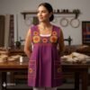 Pink traditional Mexican cross-stitch embroidered smock apron with deluxe artisan craftsmanship