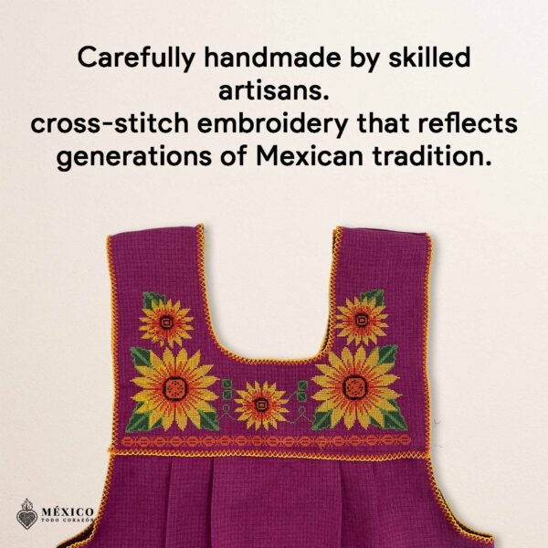 Pink traditional Mexican cross-stitch embroidered smock apron with deluxe artisan craftsmanship