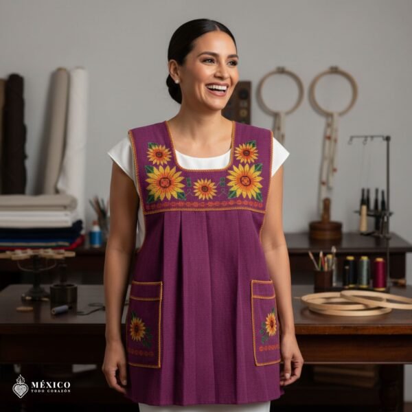 Pink traditional Mexican cross-stitch embroidered smock apron with deluxe artisan craftsmanship