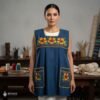 Blue traditional Mexican cross-stitch embroidered smock apron with deluxe artisan craftsmanship