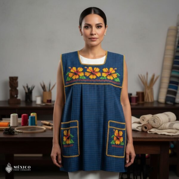 Blue traditional Mexican cross-stitch embroidered smock apron with deluxe artisan craftsmanship