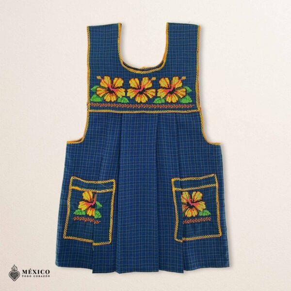 Blue traditional Mexican cross-stitch embroidered smock apron with deluxe artisan craftsmanship
