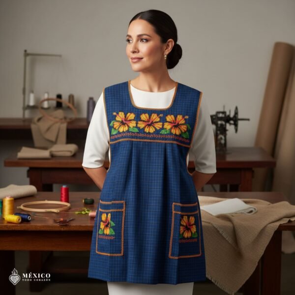 Blue traditional Mexican cross-stitch embroidered smock apron with deluxe artisan craftsmanship
