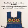 Blue traditional Mexican cross-stitch embroidered smock apron with deluxe artisan craftsmanship