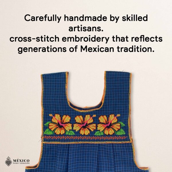 Blue traditional Mexican cross-stitch embroidered smock apron with deluxe artisan craftsmanship