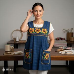 Blue traditional Mexican cross-stitch embroidered smock apron with deluxe artisan craftsmanship