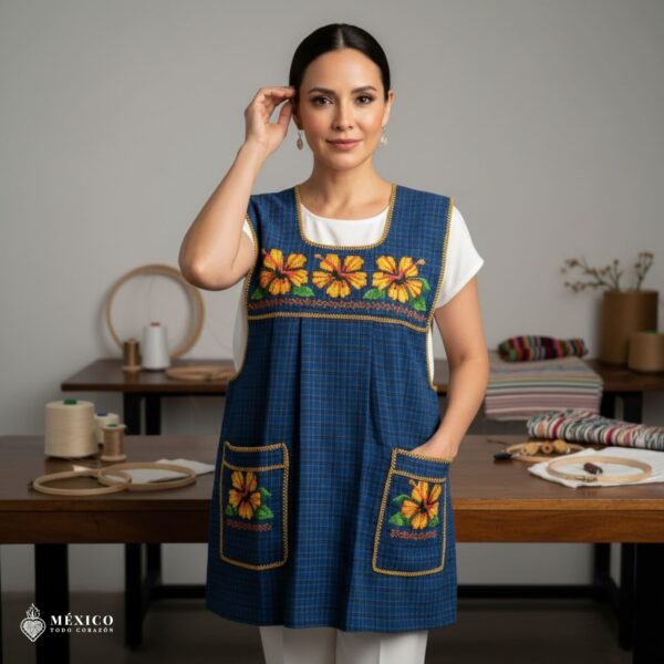 Blue traditional Mexican cross-stitch embroidered smock apron with deluxe artisan craftsmanship