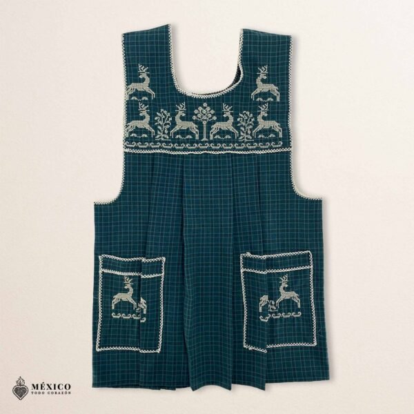 Green traditional Mexican cross-stitch embroidered smock apron with deluxe artisan craftsmanship