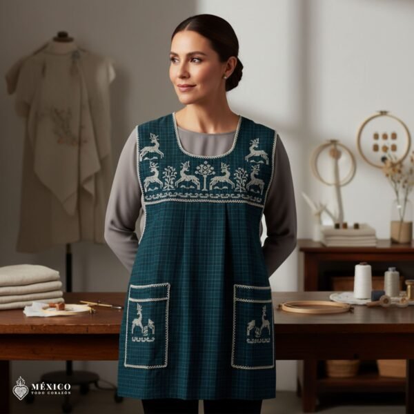 Green traditional Mexican cross-stitch embroidered smock apron with deluxe artisan craftsmanship