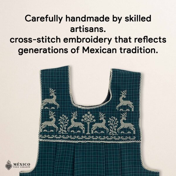 Green traditional Mexican cross-stitch embroidered smock apron with deluxe artisan craftsmanship