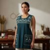 Green traditional Mexican cross-stitch embroidered smock apron with deluxe artisan craftsmanship