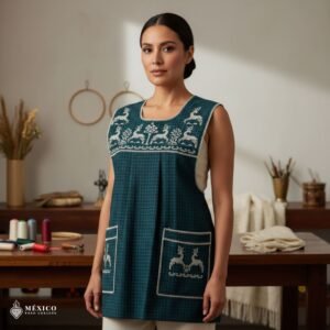 Green traditional Mexican cross-stitch embroidered smock apron with deluxe artisan craftsmanship