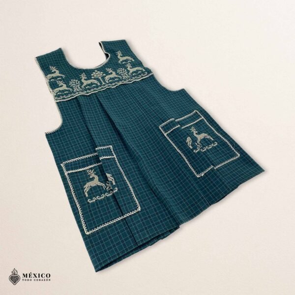 Green traditional Mexican cross-stitch embroidered smock apron with deluxe artisan craftsmanship