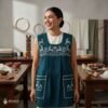 Green traditional Mexican cross-stitch embroidered smock apron with deluxe artisan craftsmanship