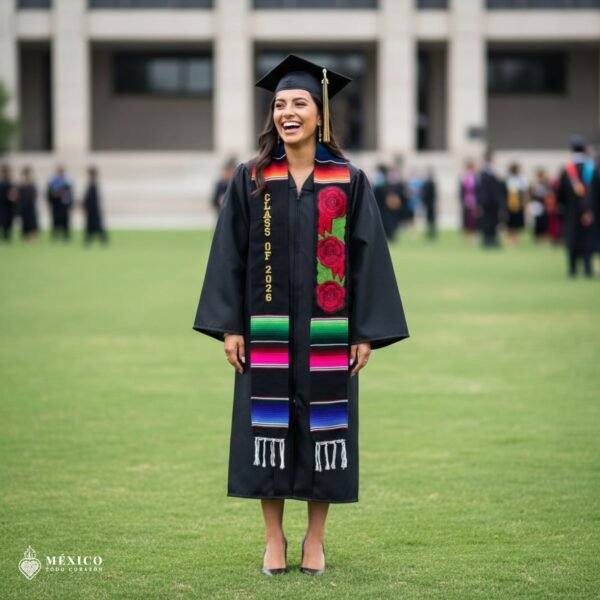 Custom Mexican Sarape Graduation Stole Class of 2026 with Red Flowers