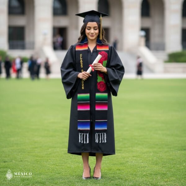 Custom Mexican Sarape Graduation Stole Class of 2026 with Red Flowers