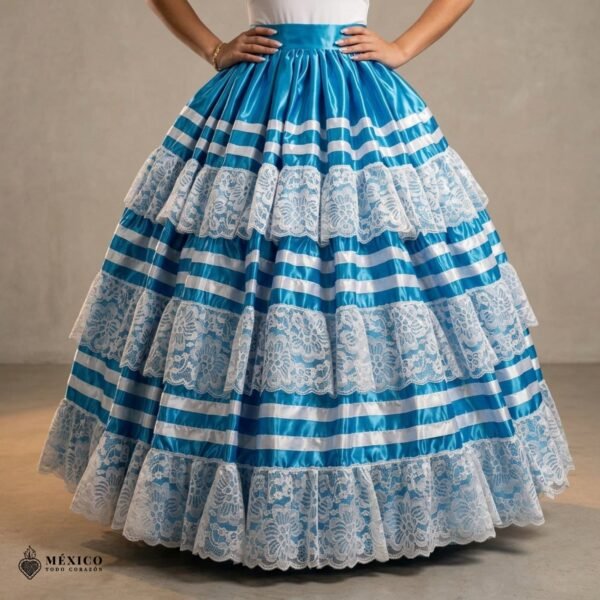 Blue Mexican Folkloric Double Circle Skirt – Satin with Lace Trim & Adjustable Waist
