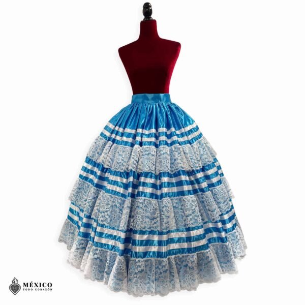 Blue Mexican Folkloric Double Circle Skirt – Satin with Lace Trim & Adjustable Waist