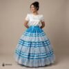 Blue Mexican Folkloric Double Circle Skirt – Satin with Lace Trim & Adjustable Waist