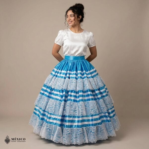 Blue Mexican Folkloric Double Circle Skirt – Satin with Lace Trim & Adjustable Waist