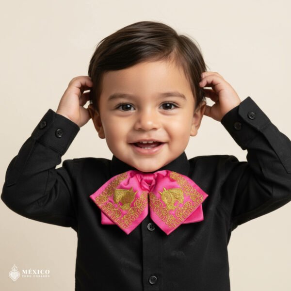 Pink Mexican Kids Embroidered Charro Moño – Traditional Baby Mariachi Bow