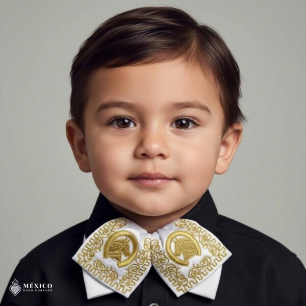 White Mexican Kids Embroidered Charro Moño – Traditional Baby Mariachi Bow